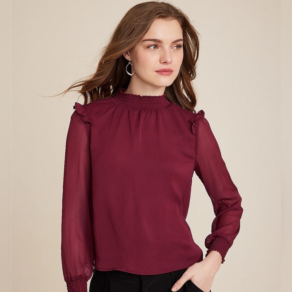 NWT Vigoss Burgundy Mock Neck Ruffle Shoulder Blouse